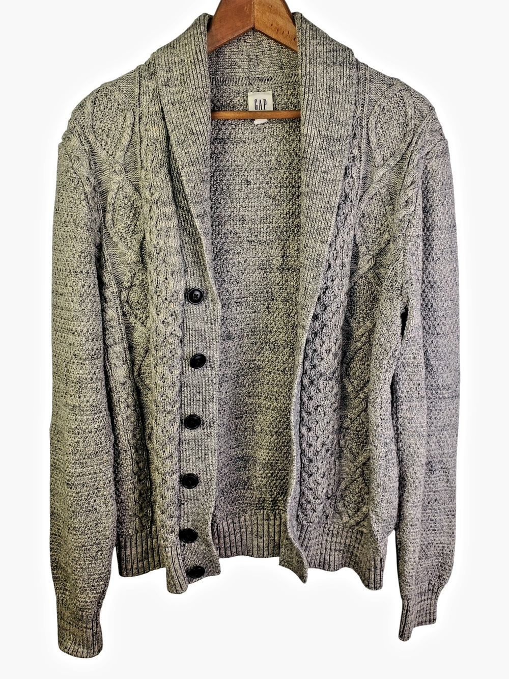 GAP Men's Gray Shawl Collar Cable-Knit Cardigan Sweater. SM. #379
